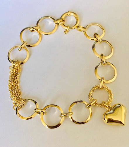 Pulseira Feminina Elos Redondo Com Coração Ouro 18k 750 19.5 Cm