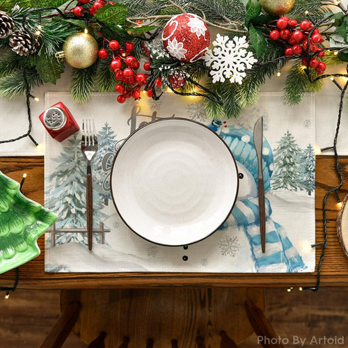 Juego 12 Mantel Individual Navidad Muñeco De Nieve Azules