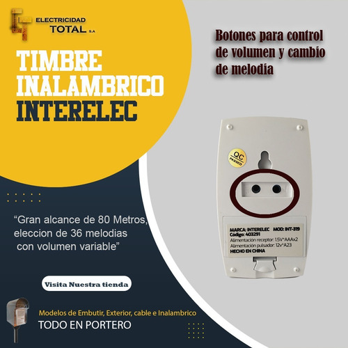 Imagen 3 de 10 de Timbre Inalambrico 16 Tonos Rango De Alcance 80 Metros
