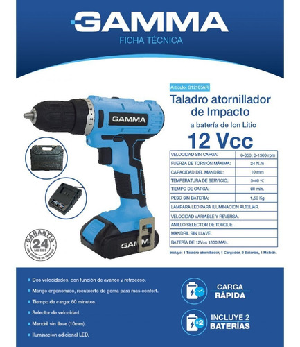 Imagen 3 de 6 de Atornillador A Bateria Taladro Gamma G12105 12v Ion Litio