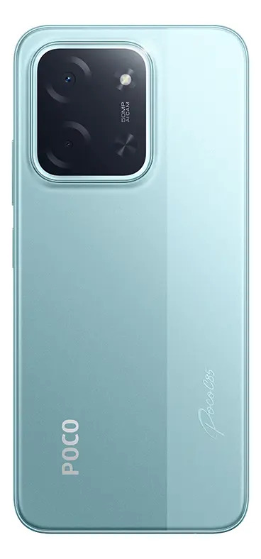 Smartphone Xiaomi Poco C85 na cor verde, vista traseira mostrando o módulo de câmera dupla e o flash LED