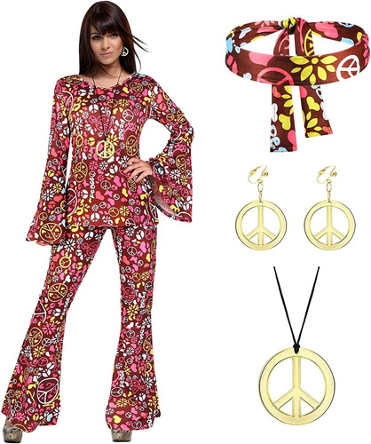 Conjunto De 5 Piezas De Disfraz Hippie Para Mujer De Los Año