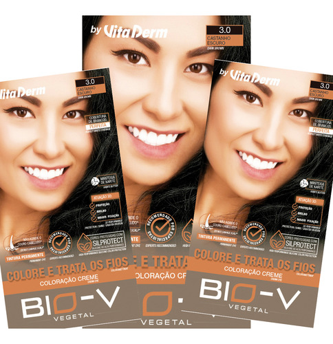 Kit 3 Colorações Castanho Escuro 3.0 Bio V Vita Derm