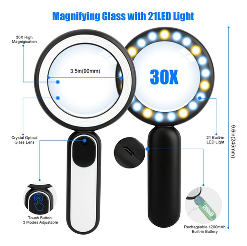 Lupa Con Luz, Lupa De Mano 30x