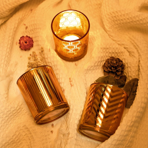Juego De 3 Portalas Votivas Doradas, Candelabros De Cristal