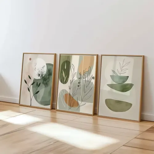 Quadro Decorativo Moderno Folhas Boho Minimalista Kit 122x60 Verde Marrom