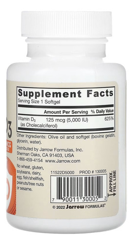 Jarrow Formulas Vitamina D3 125 Mcg 100 Caps Sabor Sin Sabor