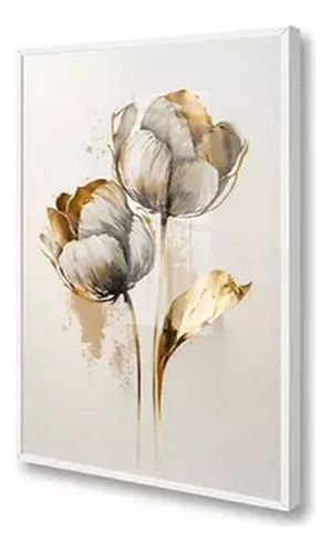 Quadro Decorativo Flor Dourada Luxo Sala Com Moldura E Vidro