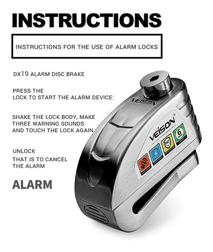 Imagen 8 de 10 de Traba Disco Alarma Veison 130db 3 Llaves Waterproof 6mm Pem