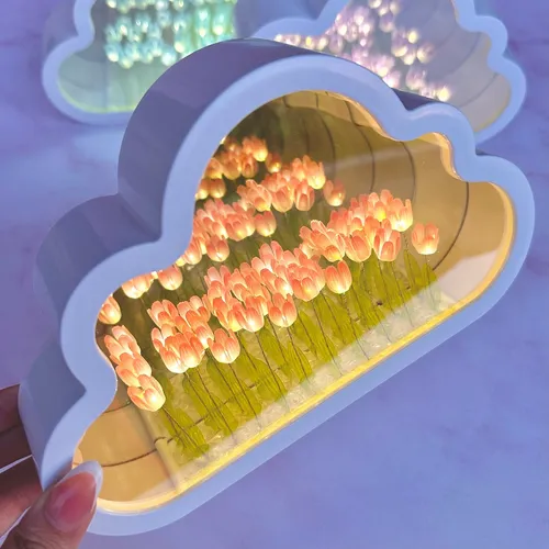 Lámpara Veladora Nube Jardín Infinito Tulipanes Para Armar Estructura Blanco Pantalla Transparente