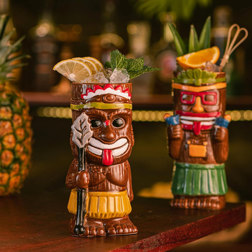 Juego De 4 Tazas De Cóctel Tiki Con Posavasos Y Popotes De C