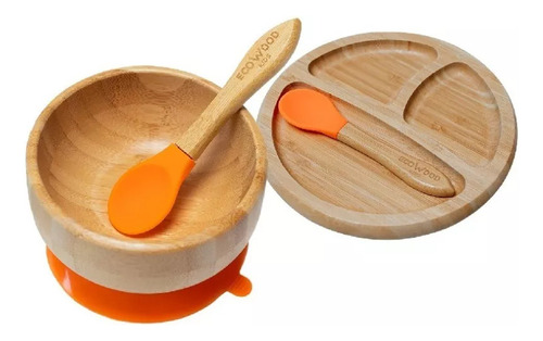 Plato Para Bébé Y Bowl De Bambú Antiderrapante + Cubiertos Color Naranja Liso