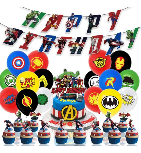 Set Decoración De Cumpleaños Superheroes Poof Pow Boom Zap!