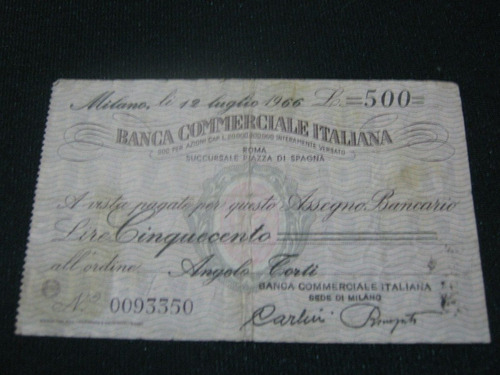 Cheque Banca Comercial Italiana 500 Liras 1966