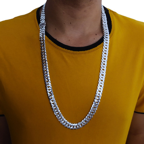 Cordão Groumet Duplo Prata 925 Maciça Fecho Gaveta 80cm 13mm