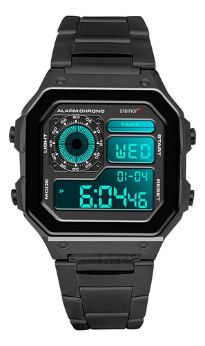 Reloj Digital De Caballero Steiner Con Cronógrafo 3atm Acero Correa Negro Bisel Negro Fondo Negro