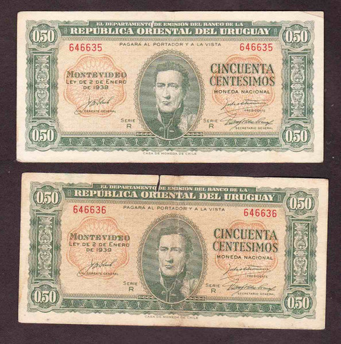 Brou 50 Centésimos Serie R - 2 Billetes Correlativos