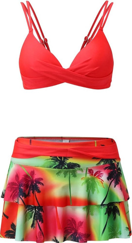 . Bikini Estampado Con Abertura Y Volantes Traje De Baño