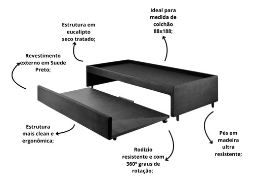 Bicama Box Viúva 120x203 Suede Preto Cama inHouse