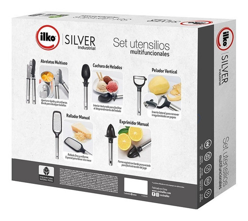 Imagen 3 de 9 de Set 5 Utensilios De Cocina Ilko Silver Industrial