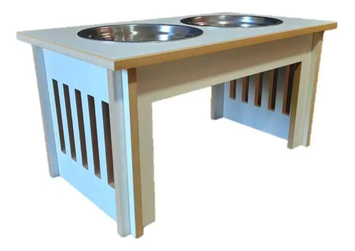 Comedero Bebedero Nordico Doble Perros Y Gatos Mundo Cucha De Madera Con Plato De Acero Antivuelco En Altura 28 X 48 X 30 Cm