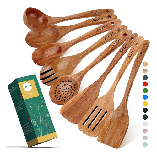 Juego Utensilios De Cocina De Madera Teca Natural 8 Piezas