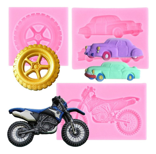 3pcs Molde De Silicona Motocicleta Coche Fondant Resina