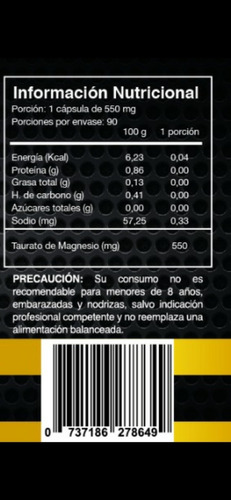 Imagen 2 de 2 de Taurato De Magnesio X 90 Cáps. Libre De Excipientes, 3 Meses