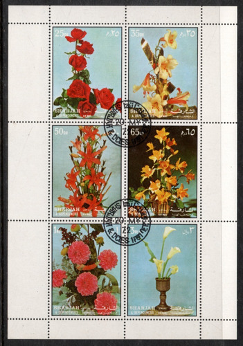 Sharjah 1 Hojita Bloc X 6 Sellos Usados De Flores Año 1972