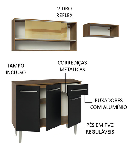 Armário De Cozinha Compacta 165cm Emilly Madesa Rp 02 Cor Rustic/Preto