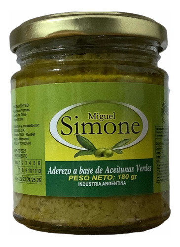 Pasta De Aceitunas Verdes Sin  Condimentar Simone