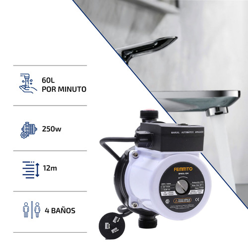 Bomba Presurizadora Agua Presion Femmto Bp60l-12m 12 Metros 4 Baños Elevadora Negro