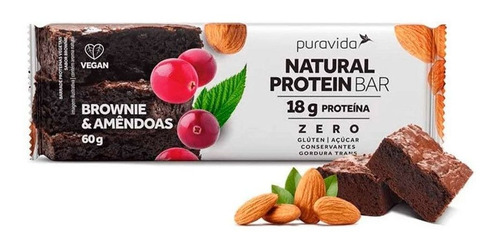 Barra De Proteína Natural Sabor Brownie Com Amêndoas Pura Vida 60g