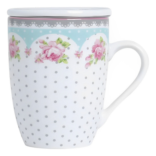 Caneca Ceramica Chá Com Tampa Infusor Romance Estampa Floral