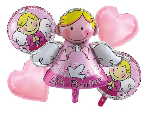 Set Globos Metálicos Temática Mi Bautizo Rosa