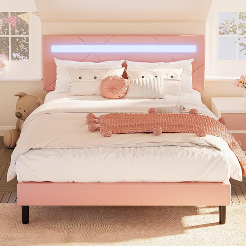 Base De Cama Matrimonial Likimio Con Luces Led Rosado