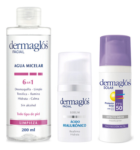 Dermaglos Set Agua Micelar 6en1 + Serum + Solar Facial Efect