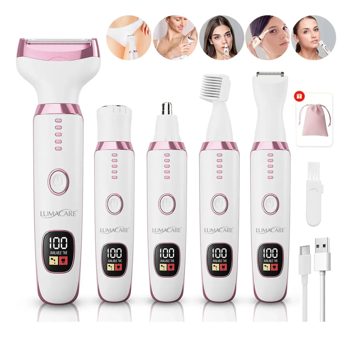 Depiladora Facial Eléctrica 5 En 1 LUMACARE Recortadora De Bikini Para Mujer Afeitadora Eléctrica De Cejas Recargable Pantalla Digital LED Depiladora Indolora Maquina Depiladora Eléctrica De Nariz