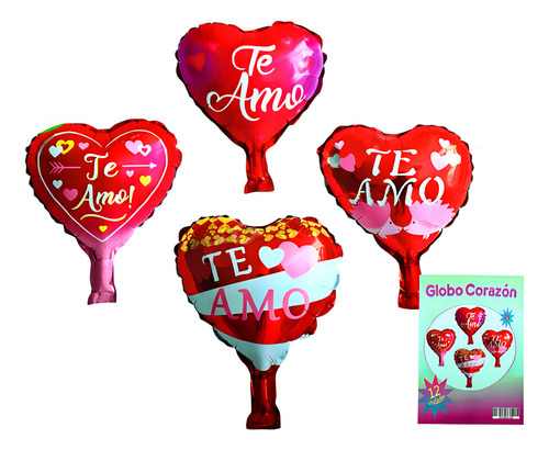 Globo Metalizado Corazón - 'te Amo' - 25cm De Romance X12u Color Rojo Te amo