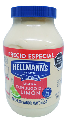 Mayonesa Hellmanns Ligera Con Jugo De Limon En Frasco 1 Kg