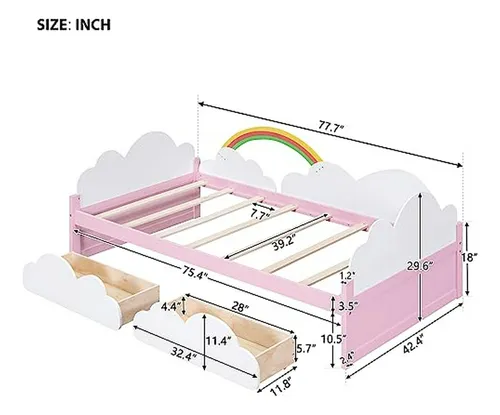 Cama Día Twin Con Almacenamiento, Niño/a, Nubes, Arcoíris