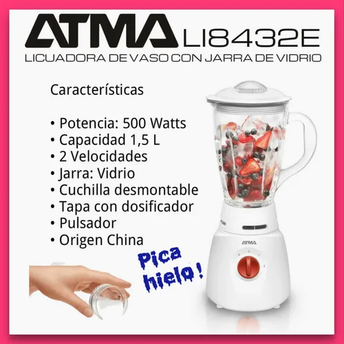 Licuadora Atma Li8432e Pica Hielo 500w 2 Vel Jarra De Vidrio