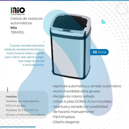 Imagen 2 de 10 de Cesto De Residuos Mio Rectangular Automático 30lts Full