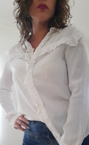 Blusa Blanca M/l Creppe Con Volados Ts 