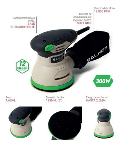 Lijadora Roto Orbital 125mm 300 Watts Salkor Lrp1200 Color Verde Frecuencia 50 Hz