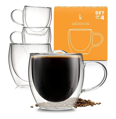 Juego De 4 Tazas De Café De Doble Pared, 8oz Con Asa