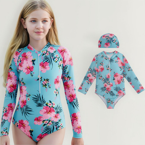Traje De Baño Para Niñas Manga Larga Upf50 Con Gorro De Baño