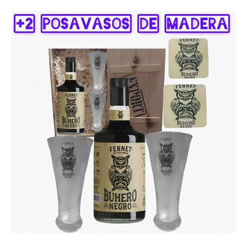 Fernet Buhero Negro + 2 Vasos En Caja De Madera Envíos 