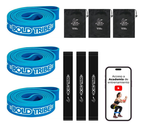BOLD TRIBE Set de 3 Ligas de Resistencia Azul Light #3 - Bandas Elásticas para Cross Training, Calistenia y Ejercicio Funcional - Incluye Bolsa de Transporte, Mini Loop Bands y Guía de Entrenamiento