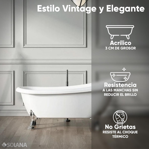 Solana Kit Bañera Estilo Vintage 170x80x75 Cm De Acrilico Solido Blanco Con Grifo Independiente Cuello Cisne Color Plata / Bañera Ovalada Slim Blanca Con Patas De Acero